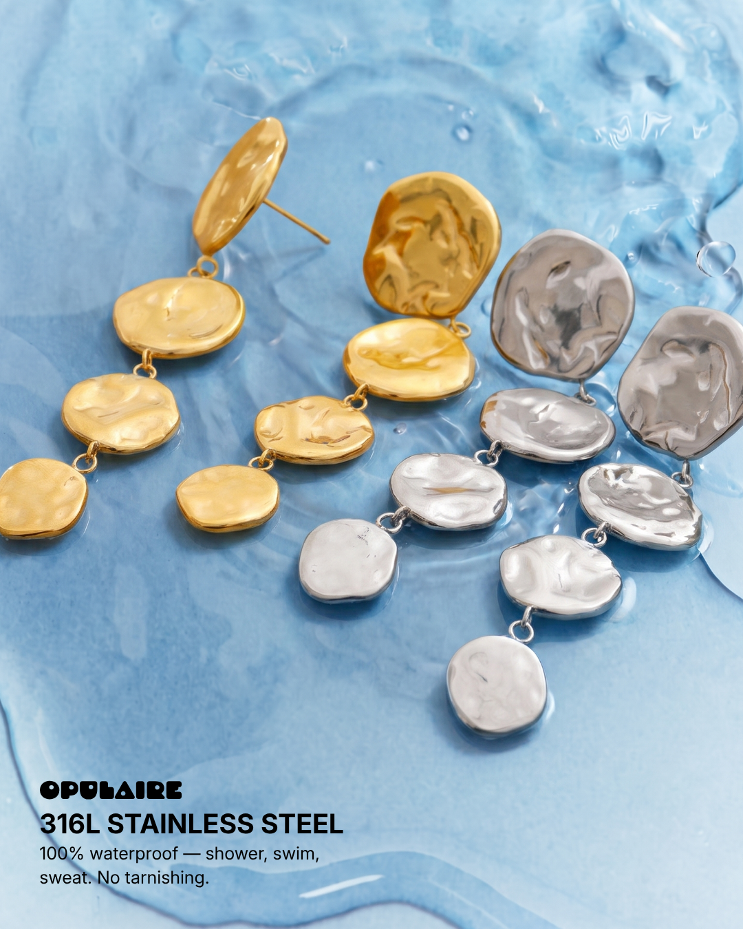 Emani - Hammered disc drop earrings - Stainless steel