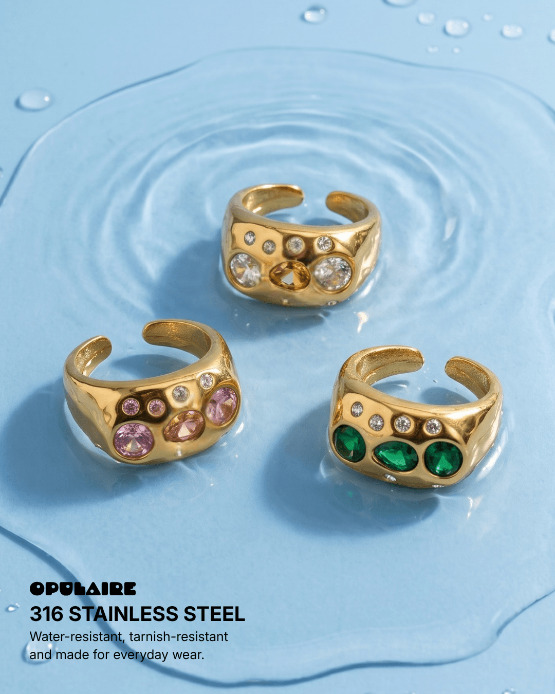 Gini - Chunky scattered crystal ring - Stainless steel - Opulaire - WATERPROOF jewelry - EU 54 -