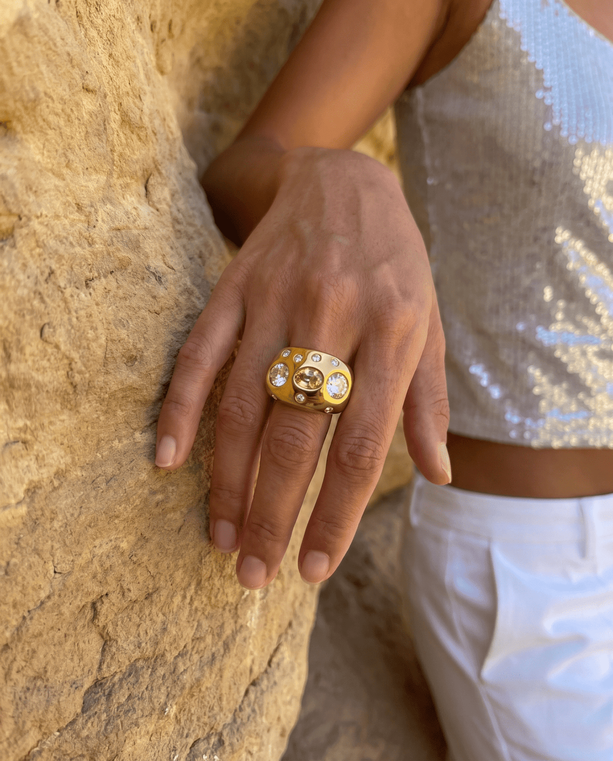 Gini - Chunky scattered crystal ring - Stainless steel - Opulaire - WATERPROOF jewelry - EU 54 -