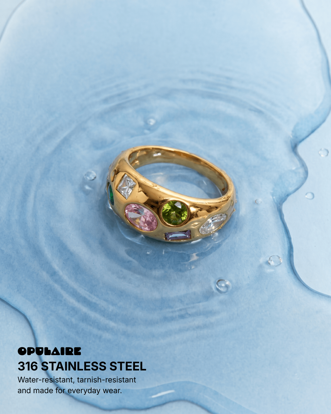 Ginny - Stones dome ring - Stainless steel - Opulaire - WATERPROOF jewelry - EU 52 -